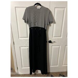 David Warren New York Size 14 Black & White Striped Maxi Dress Drawstring Waist